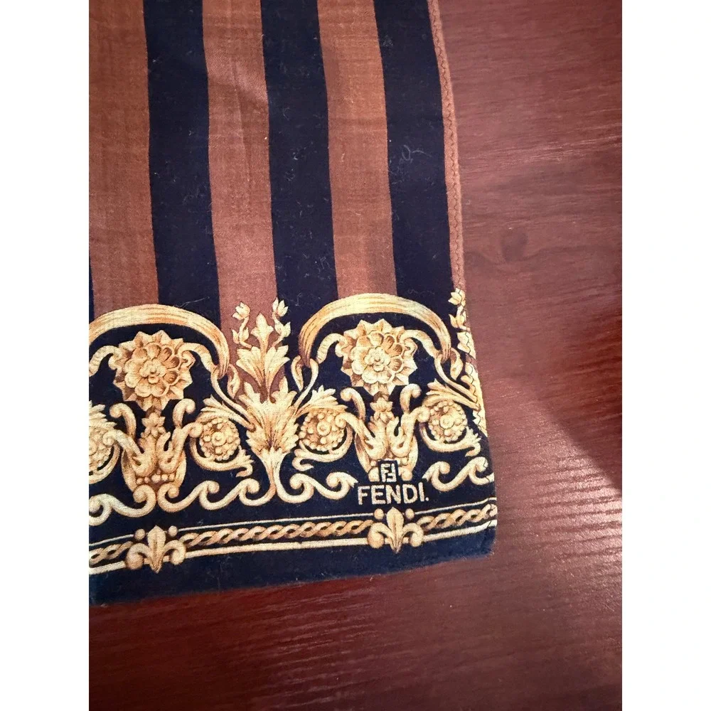 Fendi Vintage Silk Scarf Zucca Monogram Pequin Stripe Gold Baroque Border Brown